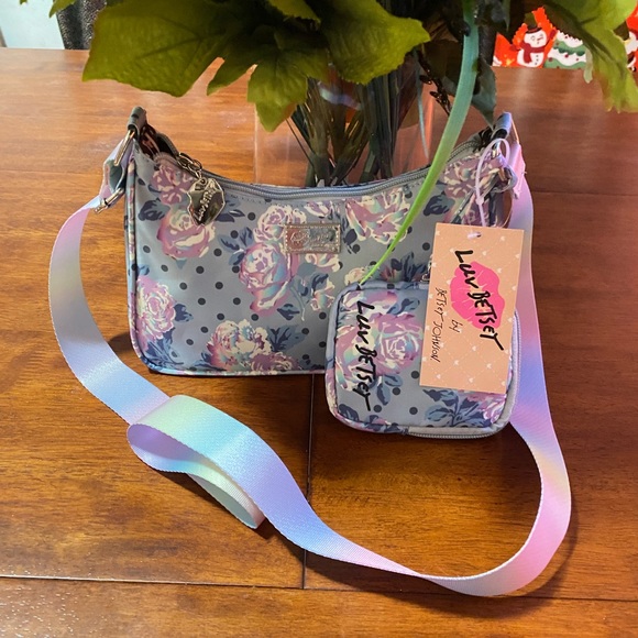 BETSEY JOHNSON GREY /PURPLE FLORAL ROSES CROSSBODY WITH POUCH - Picture 5 of 6